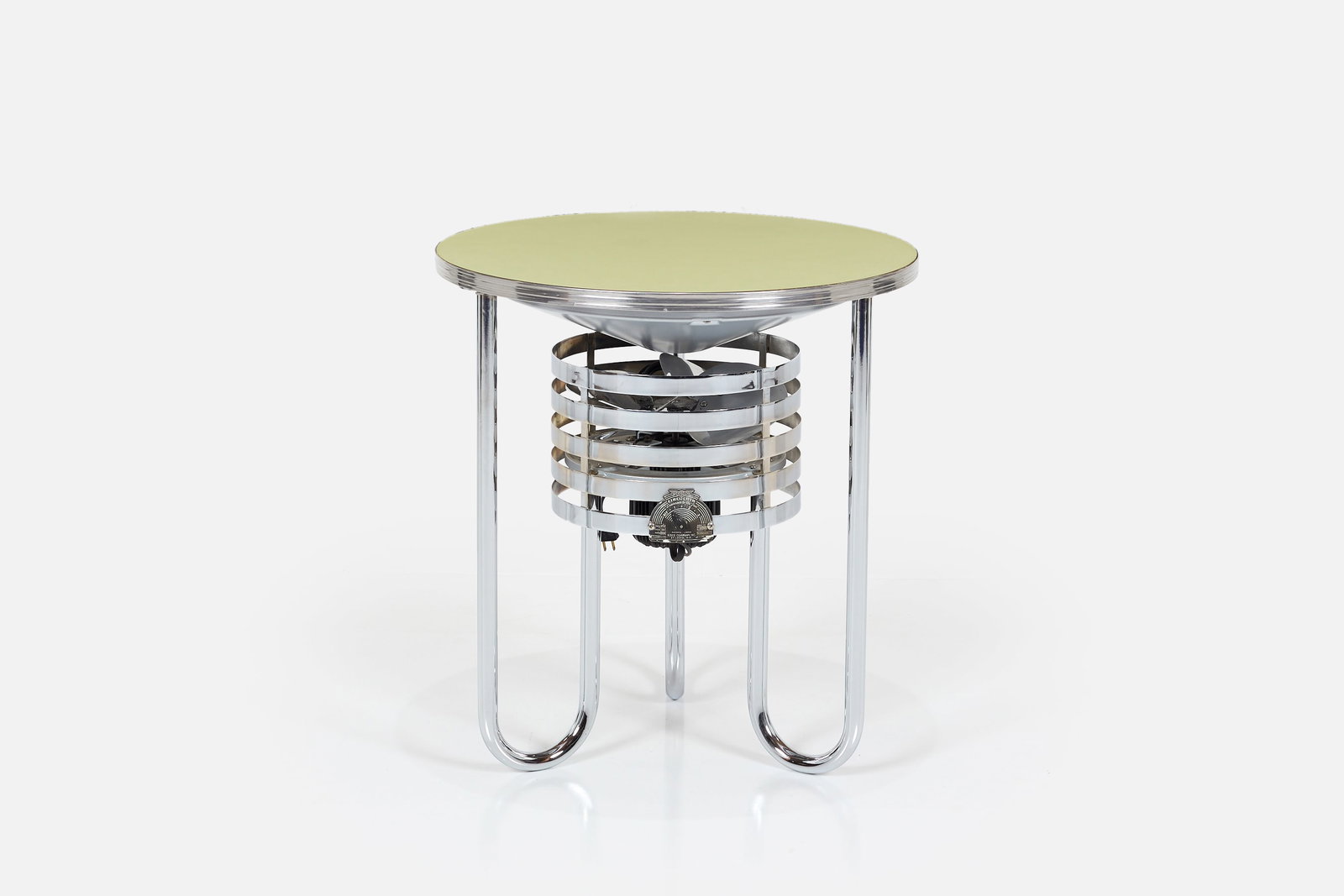 J. W. KIsling, 'Servus' Fan Table: J. W. KISLING Kisco Circulair 'Servus' table, 1947 Steel, aluminum, linoleum. Produced by Kisco Co., St Louis, MO. 26" H x 24" Diameter