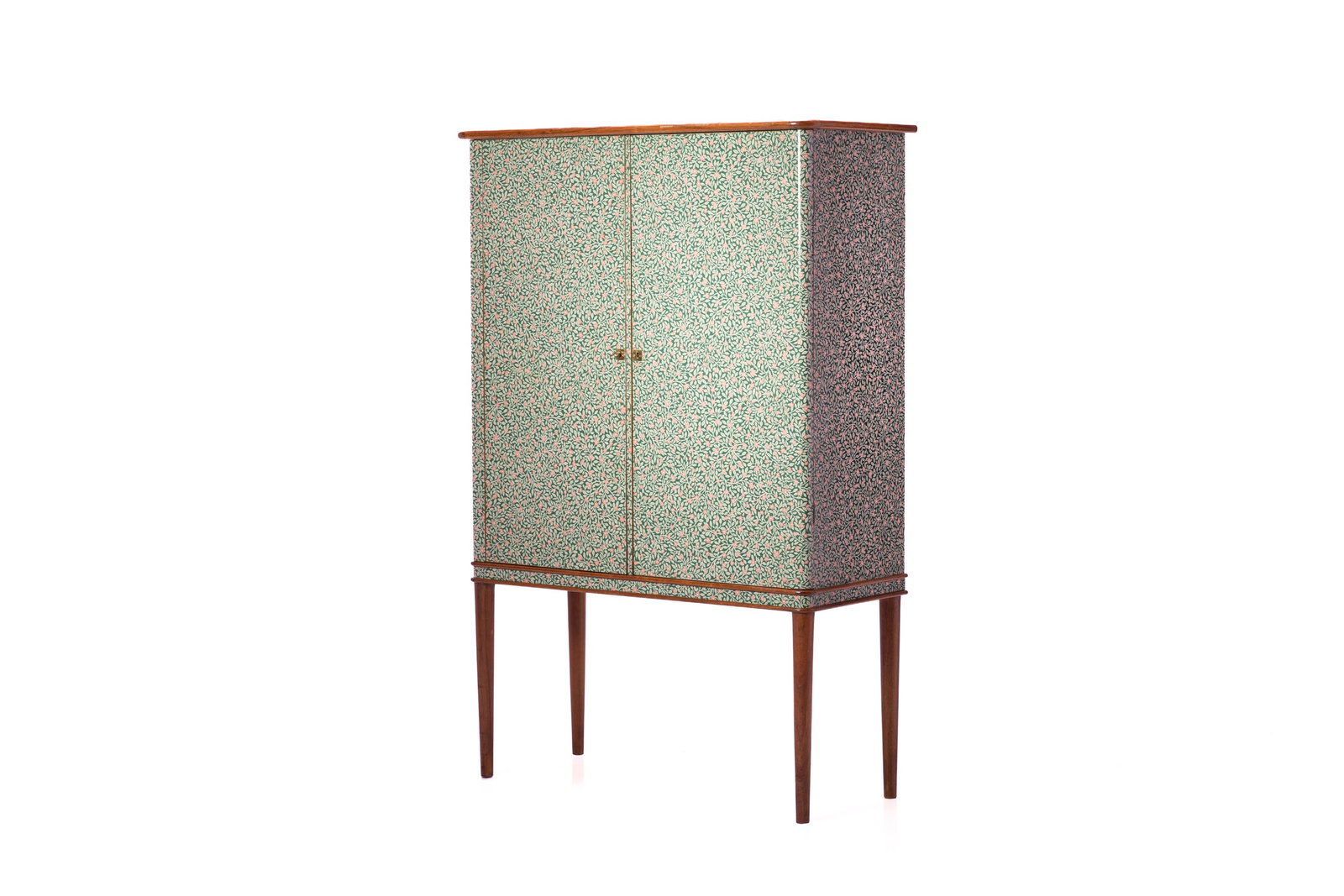 Josef Frank Style, Tall Cabinet: JOSEF FRANK STYLE Tall cabinet, 1950s Teak, beech, printed paper. Produced in Denmark. 59" H x 39.5" W x 17" D