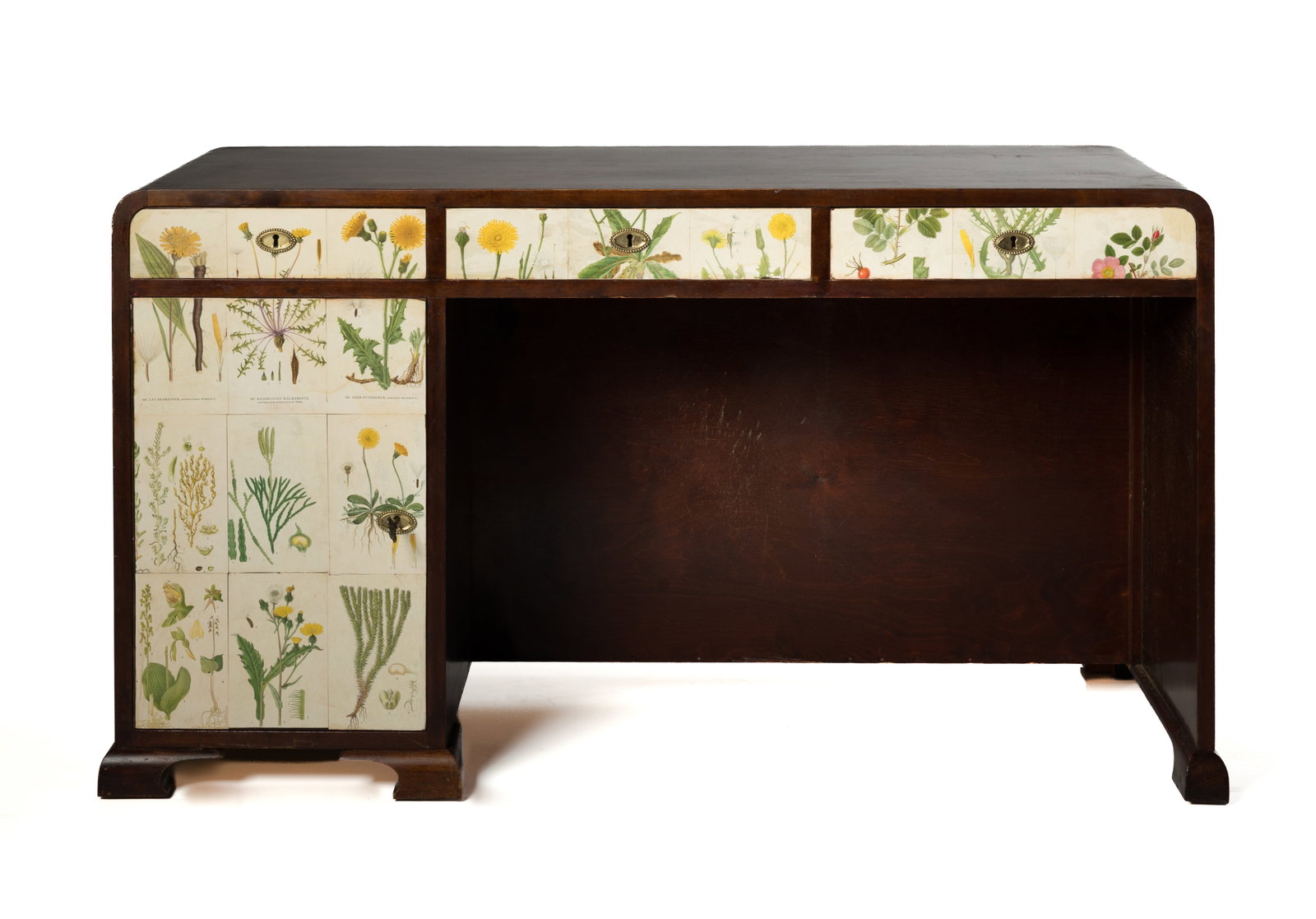 Josef Frank Style, Desk: JOSEF FRANK STYLE Desk, 1940s Stained wood, printed paper. Produced in Denmark. 30" H x 52.75" W x 24.5" D