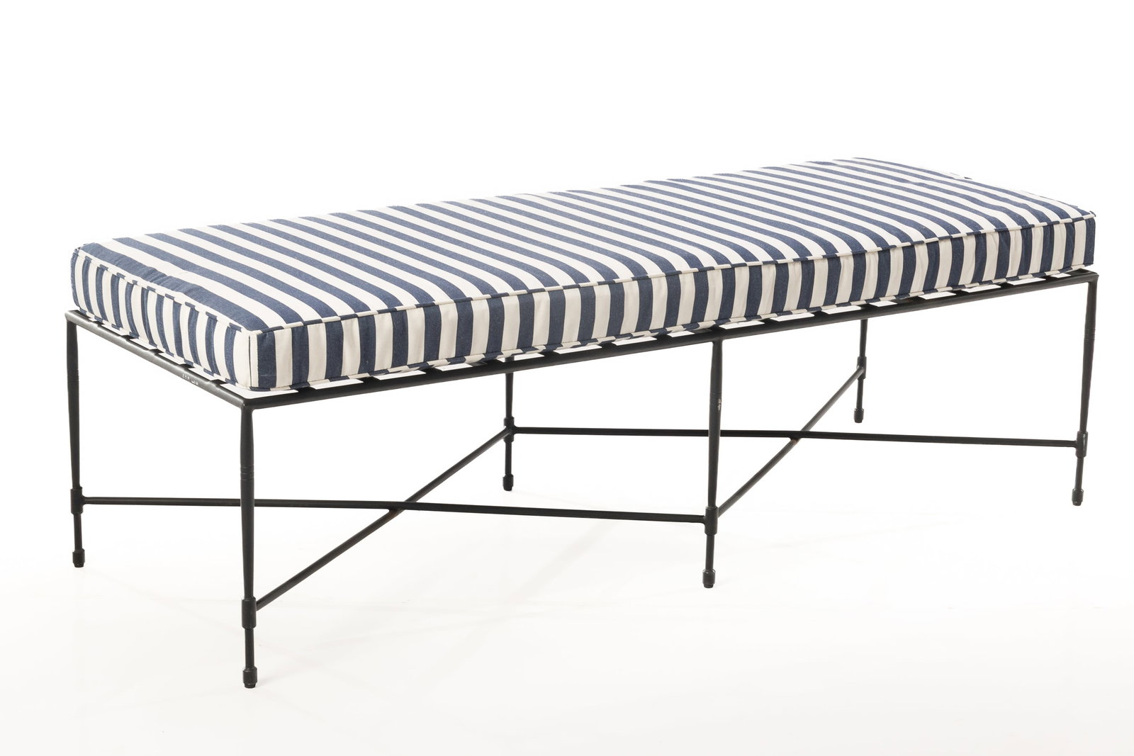 After Mario Papperzini, 'Amalfi' Bench: AFTER MARIO PAPPERZINI 'Amalfi' bench, 21st century Lacquered stainless steel, fabric. Manufactured by Janus et Cie, USA. Cushion with manufacturer's tag. 16" H x 62" W x