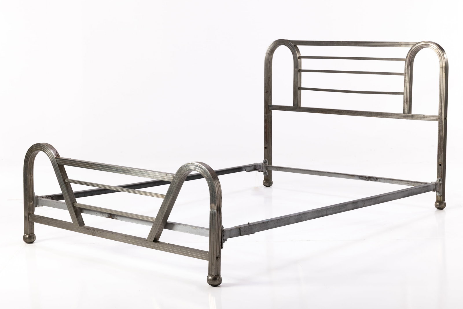 Machine Age, Bedframe: MACHINE AGE Bed, 1930s Chrome-plated aluminum, metal. 39" H x 52.75" W x 74" W