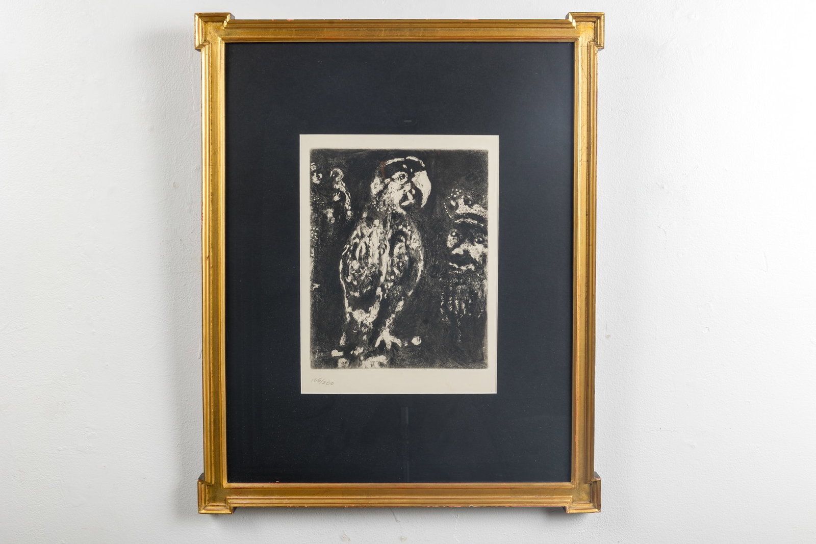 Marc Chagall, 'The Two Parrots, the King, and His Son' Etching: MARC CHAGALL 'The Two Parrots, the King, and His Son', from the 'Fables de La Fontaine' series, 1952 Aquatint etching. Published by Teriade, France. Numbered in pencil at lower left