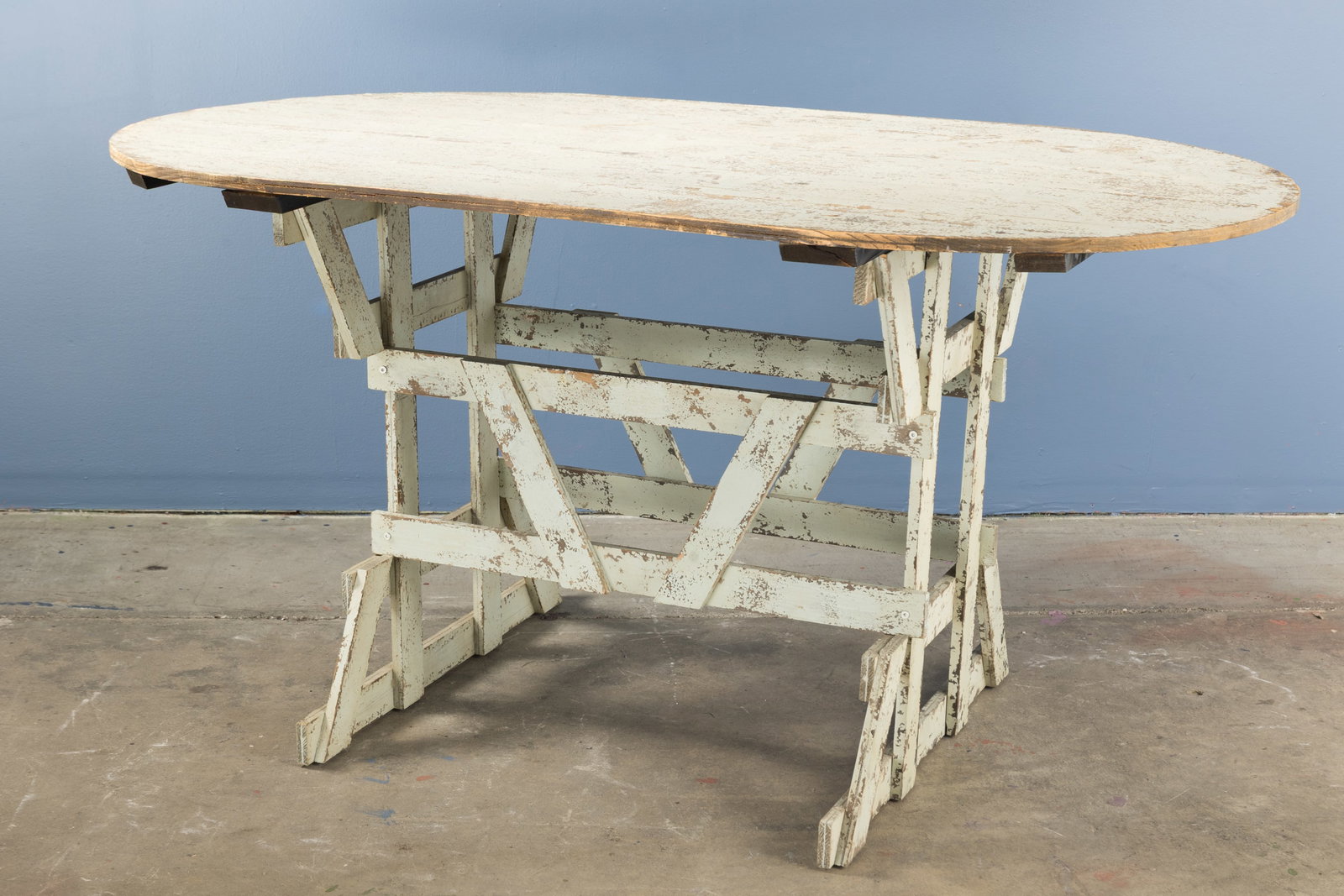 Cottage, Table + Chair (2): COTTAGE Table with associated chair, 1930s Painted wood. 32" H x 63" W x 38" D