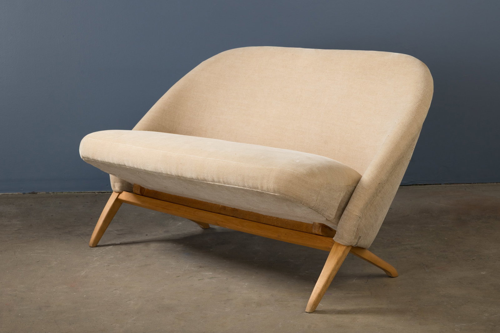 Theo Ruth, Settee: THEO RUTH Settee, ca. 1955 Fabric, oak, steel brads. Manufactured by Artifort, The Netherlands. 29.5" H x 53" W x 29" D Seat height: 19" 