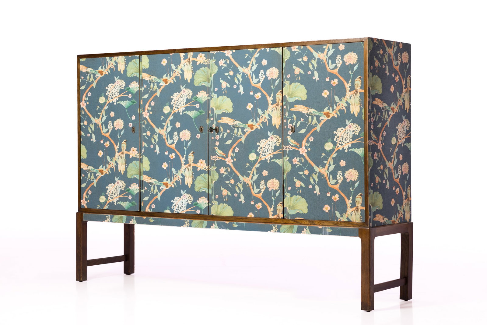 Josef Frank Style, Four-Door Cabinet: JOSEF FRANK STYLE Four-door cabinet, 1940s Printed paper, stained oak, brass. Produced by Georg Kofoed, Denmark. Back with producer's paper label. 49" H x 71" W x 17" D