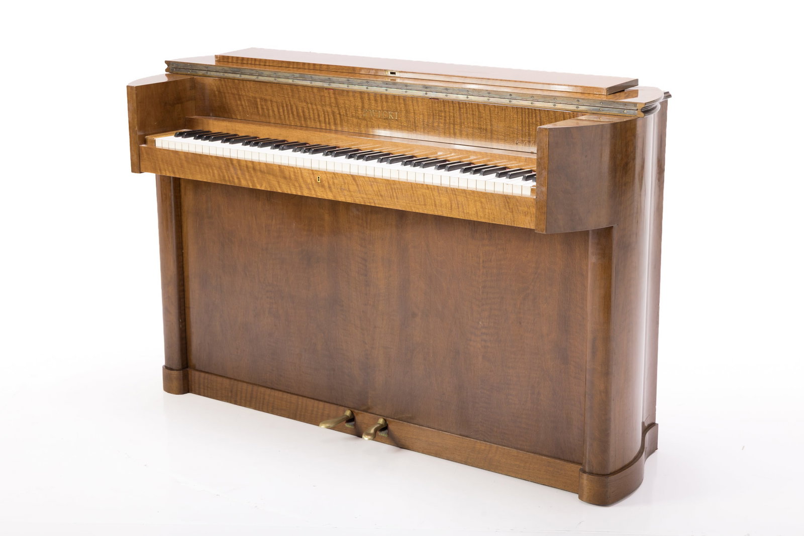 Louis Zwicki, Pianette: LOUIS ZWICKI Upright pianette, 1960s Teak, brass, ivory, painted wood. Produced by Louis Zwicki, Denmark. 36" H x 57" W x 22" D