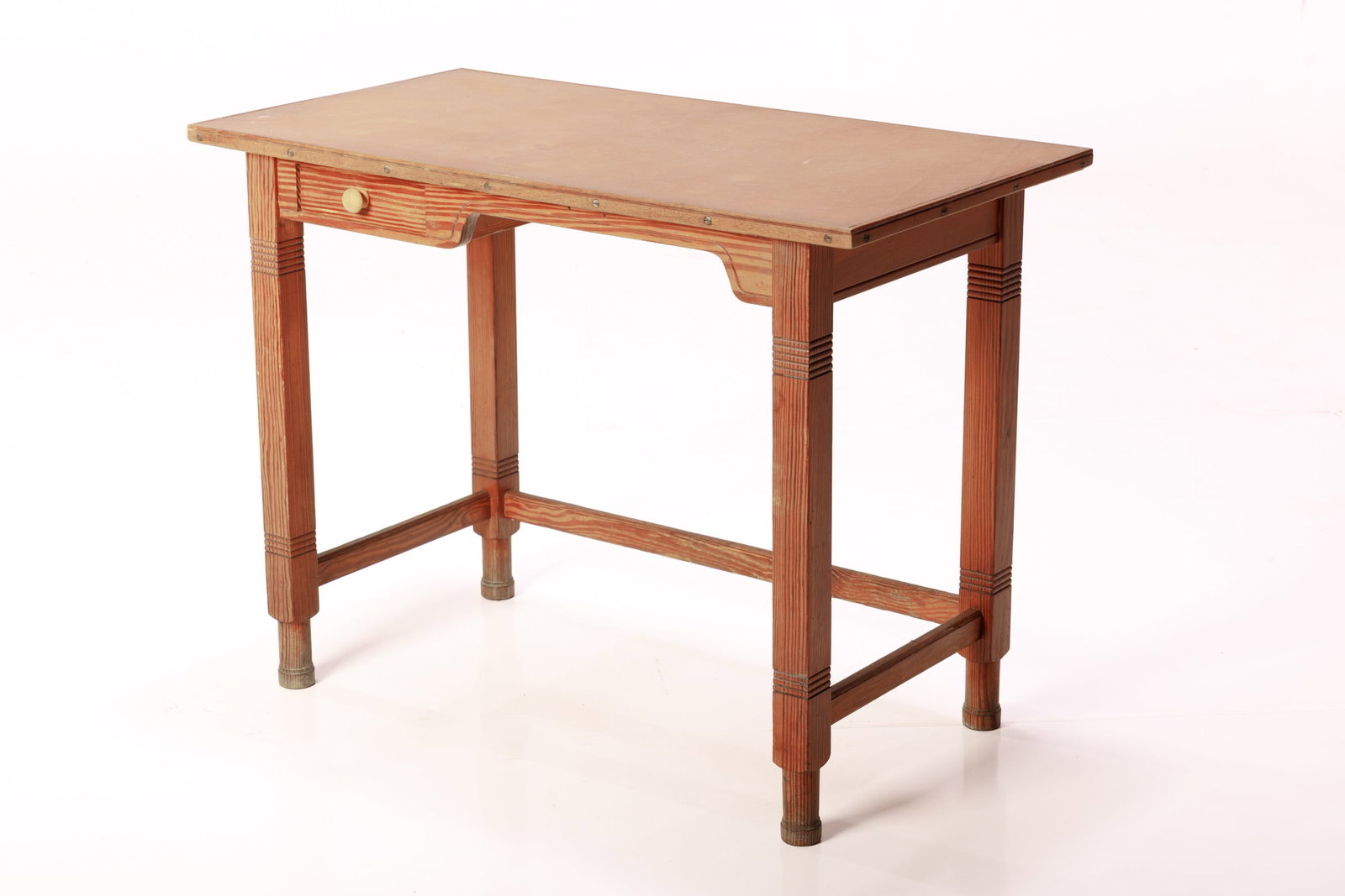 Martin Nyrop, Writing Desk: MARTIN NYROP Writing desk, ca. 1950 Stained pine, teak, leather. Produced by Rud. Rasmussens Snedkerier, Denmark. 28" H x 37" W x 19.5" D