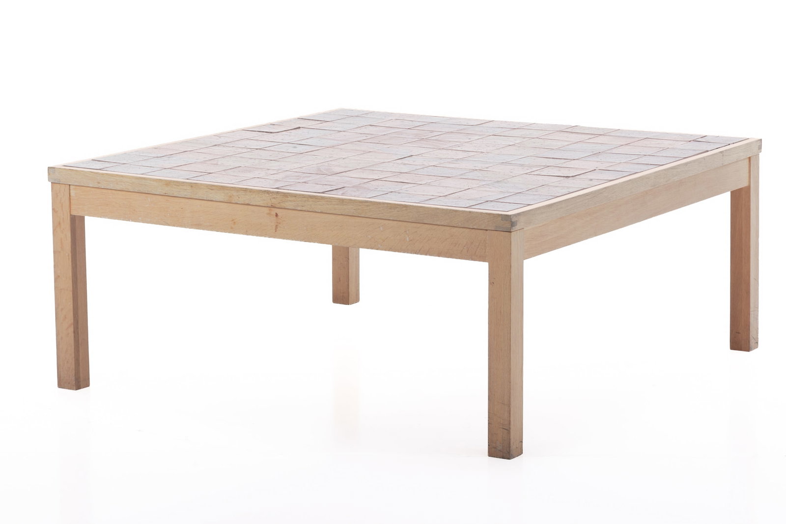Danish, Square Tile-Top Coffee Table: DANISH Square tile-top coffee table, 1980s Oak, glazed ceramic. 19" H x 44" W x 44" D