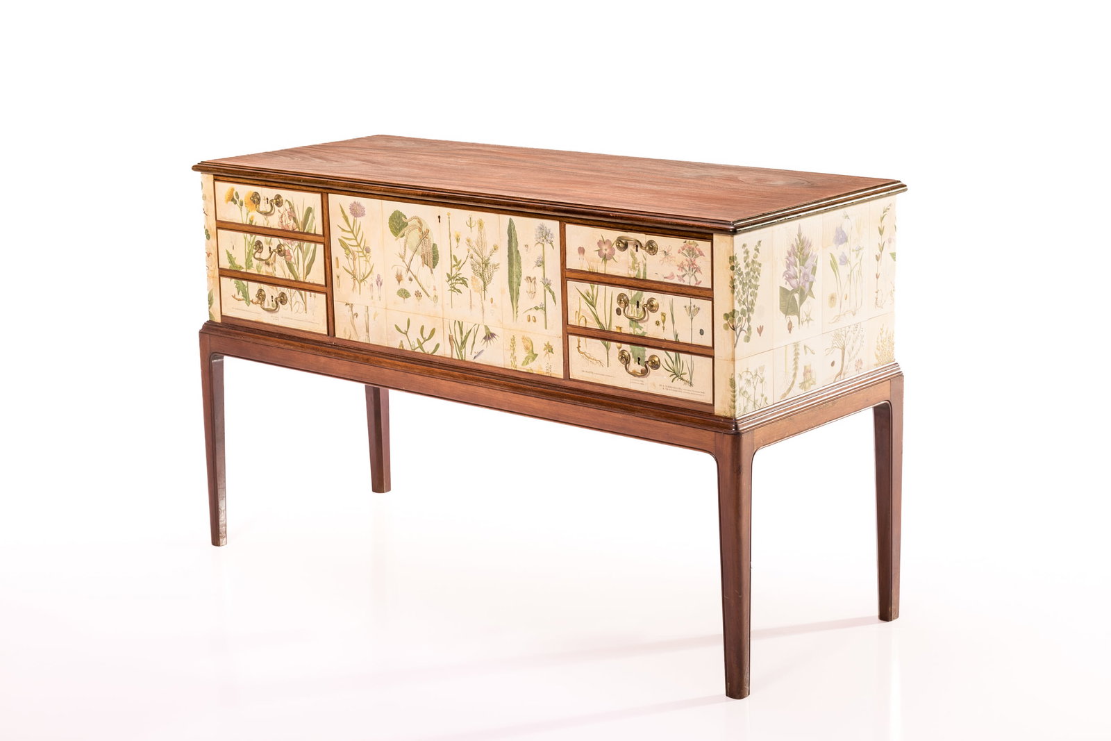 Josef Frank Style, Sideboard: JOSEF FRANK STYLE Sideboard, 1940s Teak, printed paper, brass. Produced in Denmark. 31" H x 52.5" W x 20" D