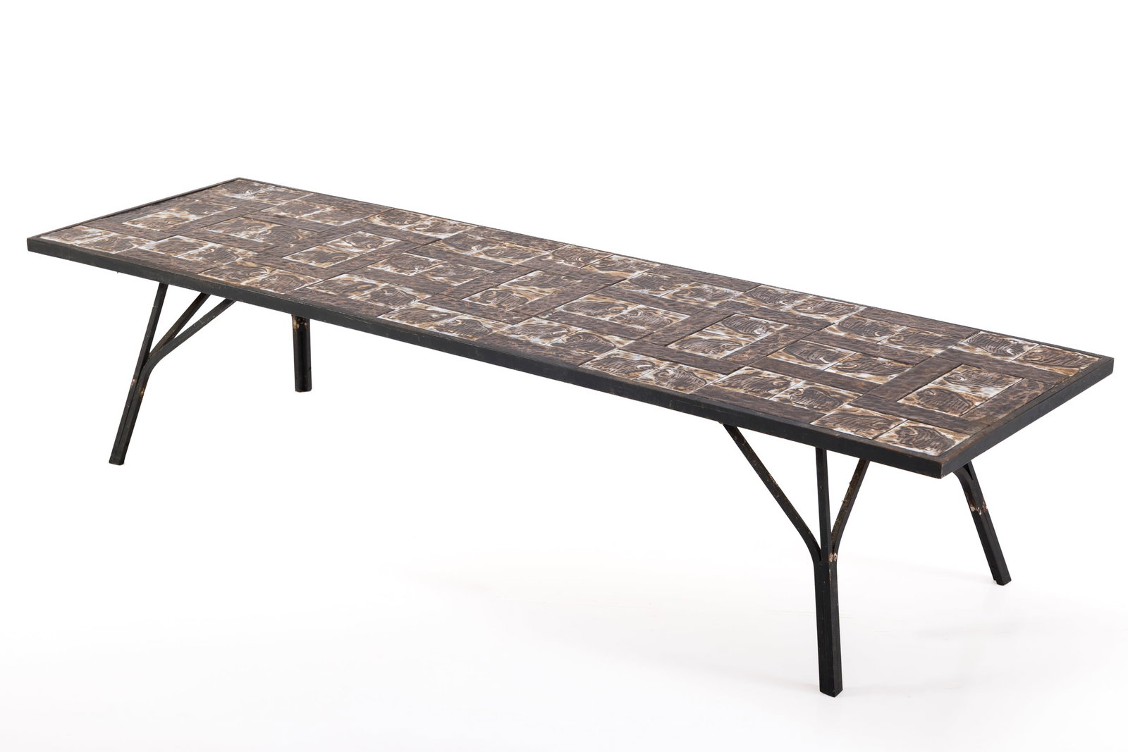 Danish, Tile-Top Coffee Table: DANISH Tile-top coffee table, 1970s Glazed ceramic, painted steel. 16" H x 72" W x 21" D