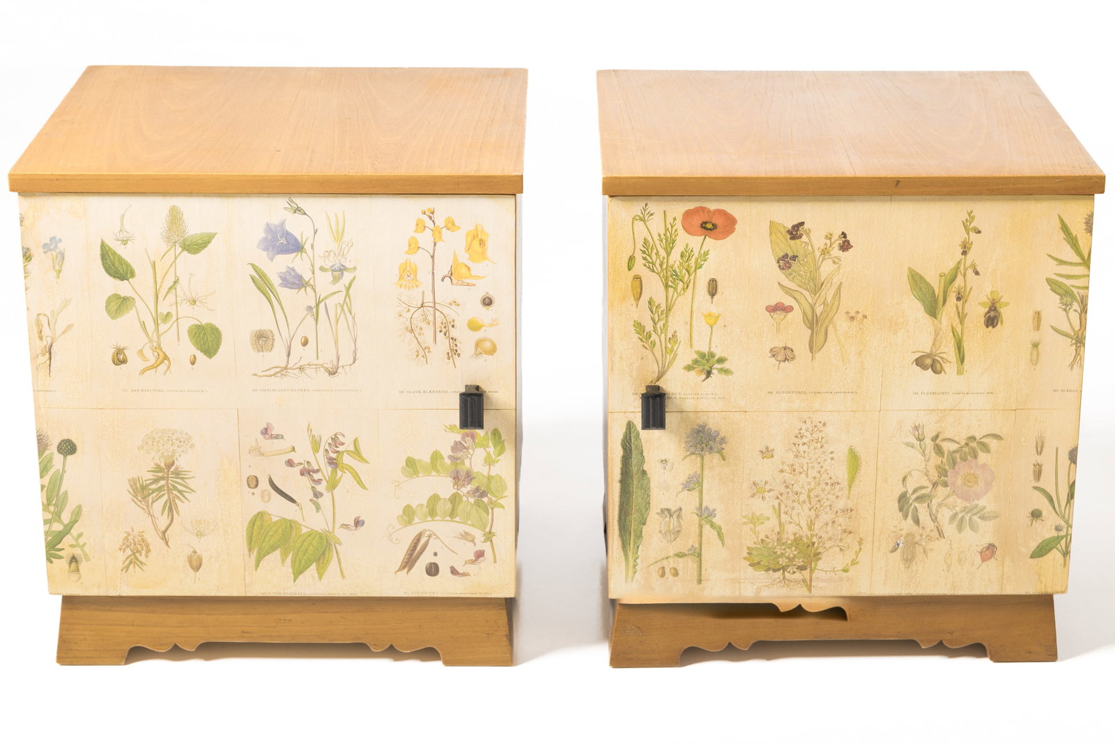 Josef Frank Style, Nightstands (2): JOSEF FRANK STYLE Pair of nightstands, 1960s Oak, printed paper, pine, plastic. Produced in Denmark. Each: 21.5" H x 19.5" W x 15" D