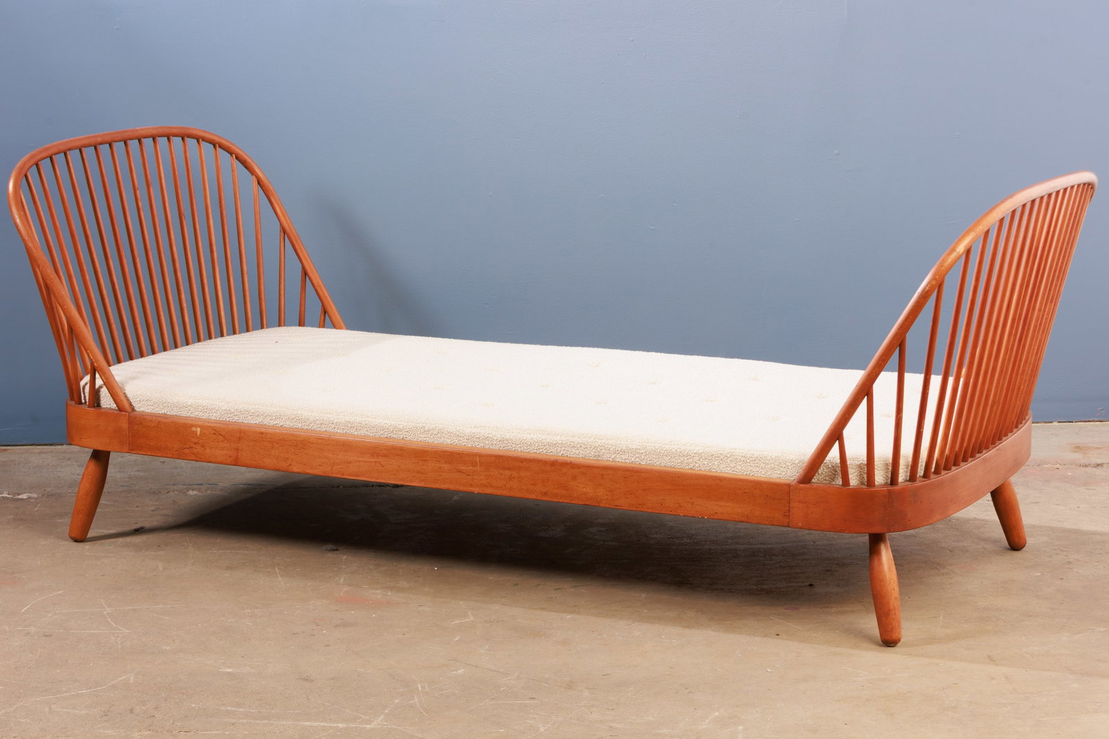 Frode Holm, Daybed: FRODE HOLM Daybed, ca. 1950 Beech, upholstery, leather. Manufactured by Hovedgaerde & Fodstykke Tremmevaerk, Denmark. 33.5" H x 82.75" W x 38.25" D 