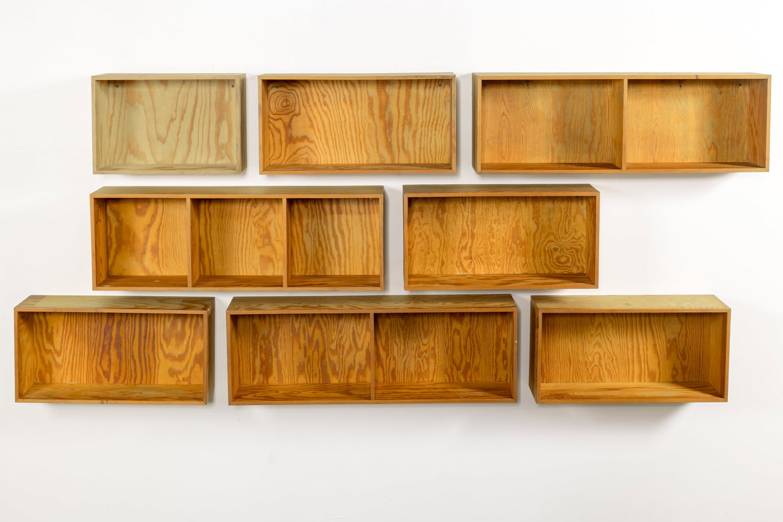 Swedish, Pine Wall Mounted Boxes (8): SWEDISH Group of eight wall-mounted boxes, 1970s Pine. Largest: 12" H x 35.5" W x 7.5" D