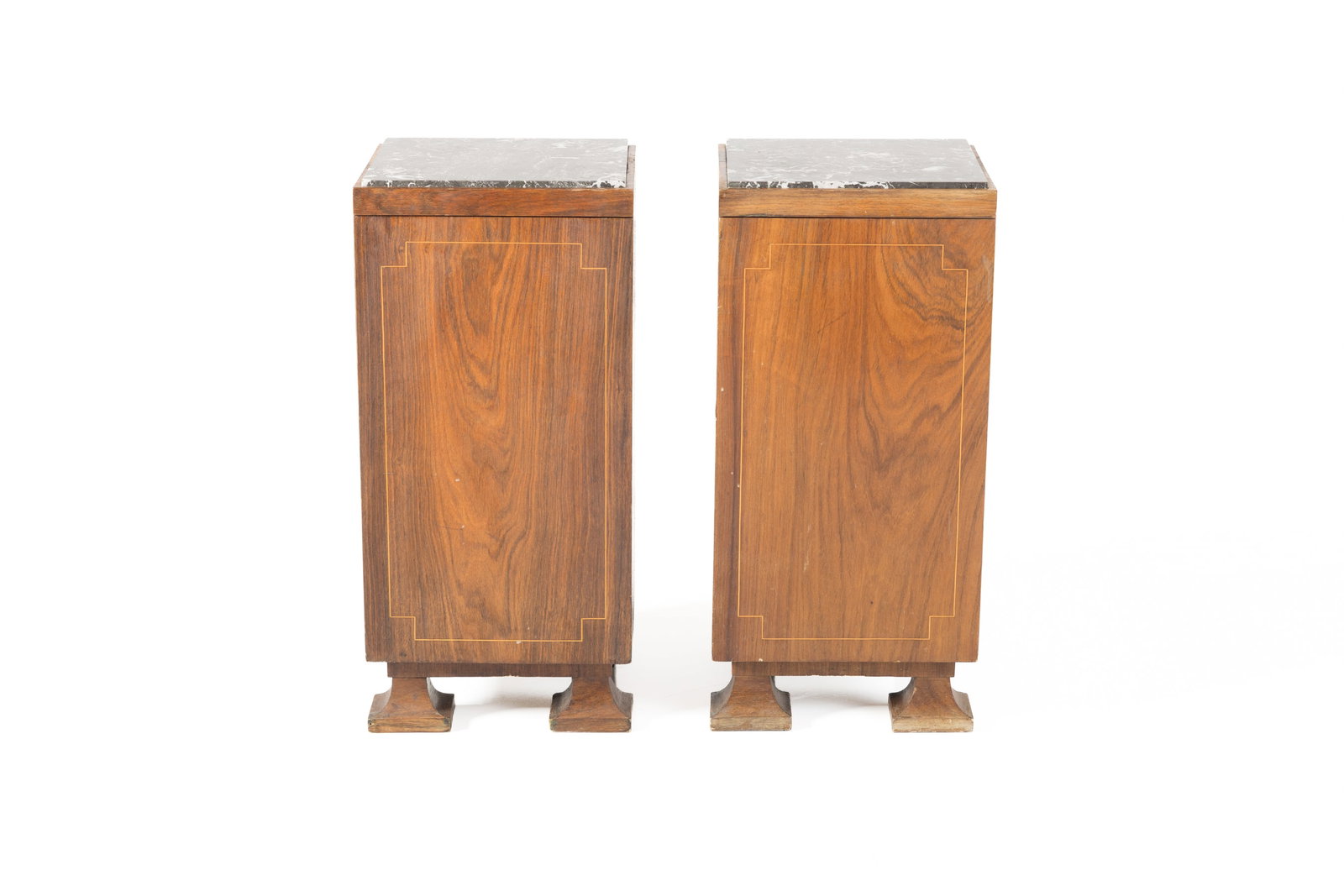 Swedish Grace, Nightstands (2): SWEDISH GRACE Pair of nightstands, 1920s Mahogany, marble, fruitwood. Each: 27.5" H x 13" W x 12" D