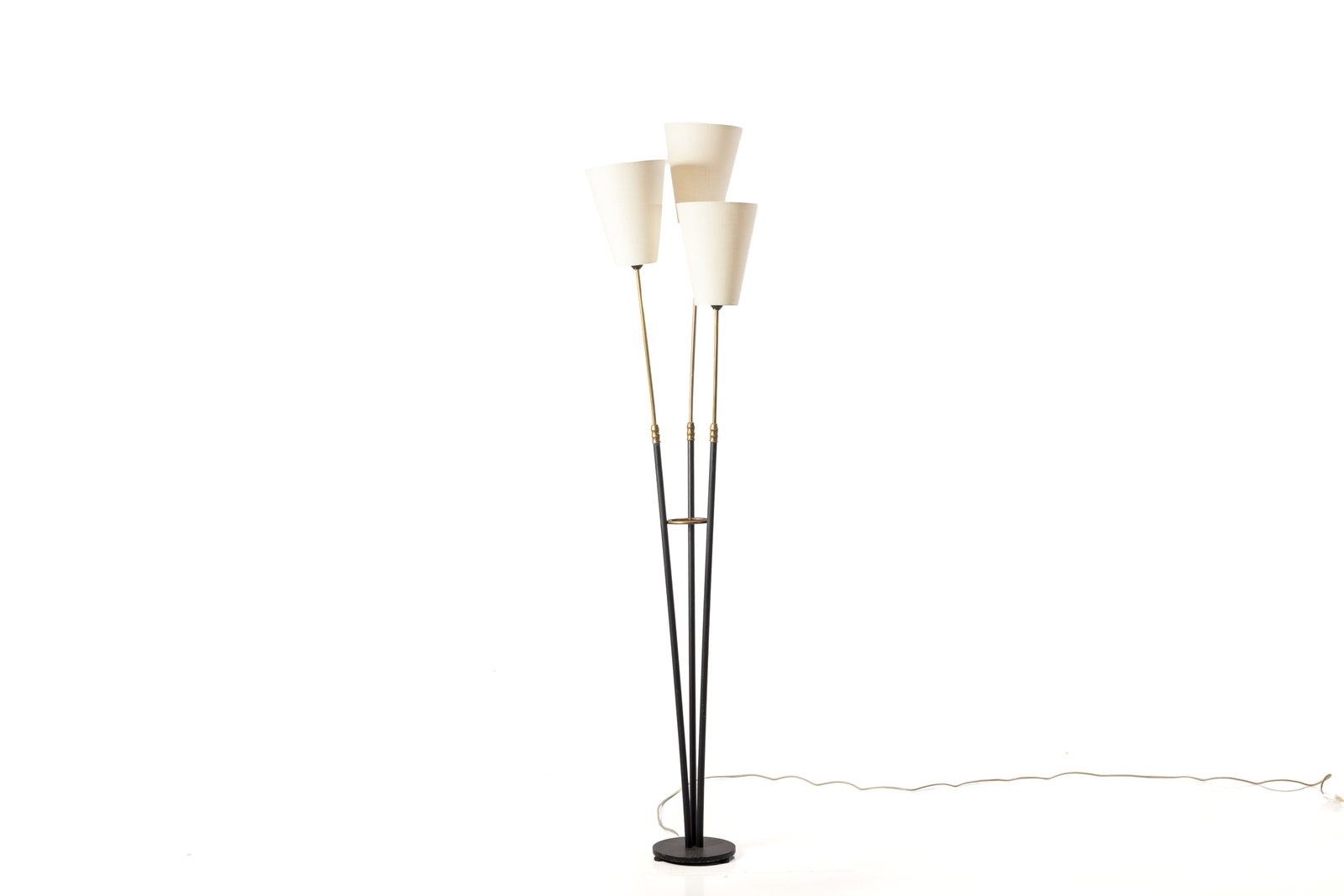 Danish, Floor Lamp: DANISH Three arm floor lamp. 1960s Brass, painted iron, linen. 70" H x 12" W x 12" D