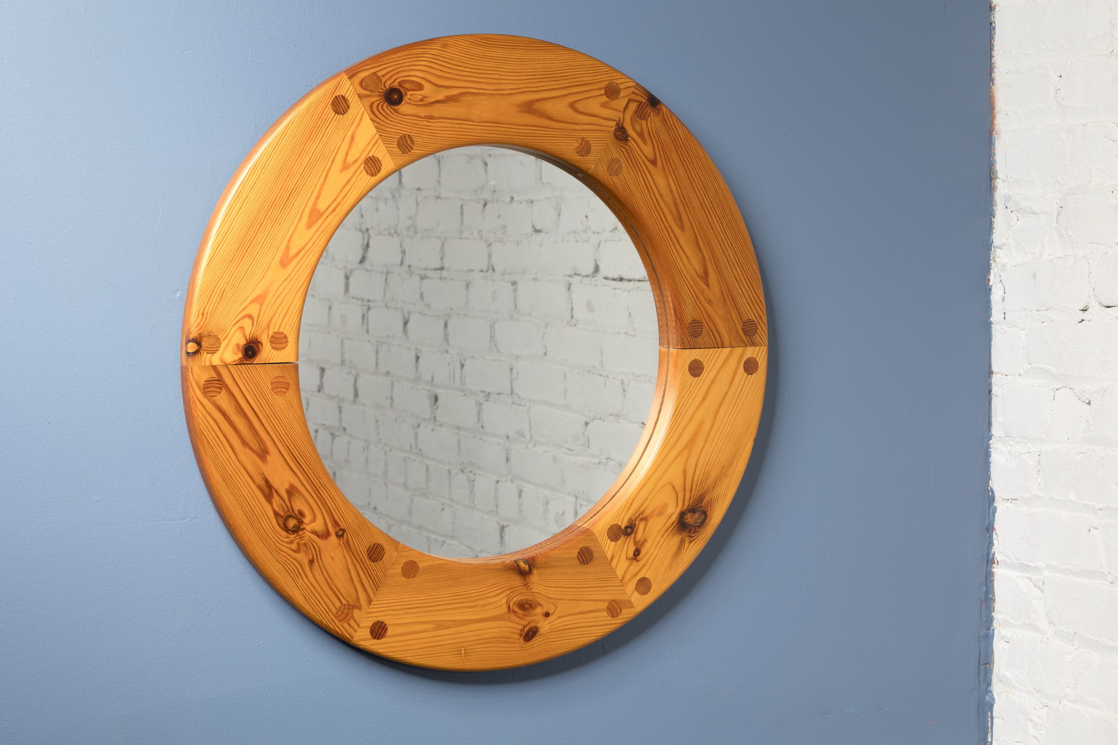 Swedish, Pine Mirror: SWEDISH Round wall mirror, 1970s Pine, mirrored glass. 25.5" Diameter x 1" D