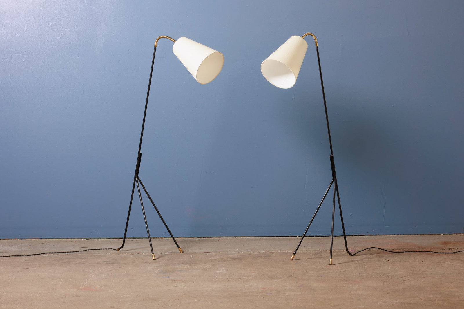 Svend Aage Holm-Sorensen, Gooseneck Floor Lamps (2): SVEND AAGE HOLM-SORENSEN Pair of gooseneck floor lamps, 1960s Painted metal, brass. Manufactured by Holm Sorensen & Co., Denmark. Each: 47" H x 10.75" W x 27" D