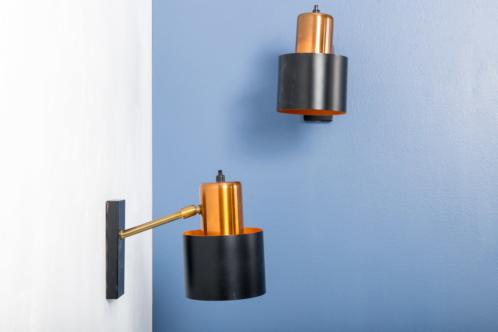 Jo Hammerborg, Copper Sconces (2): JO HAMMERBORG Pair of sconces, 1960s Copper, brass, painted metal. Produced by Fog & Morup, Denmark. Stamped "omi" "typ 294". 7" H x 4.5" W x 10" D