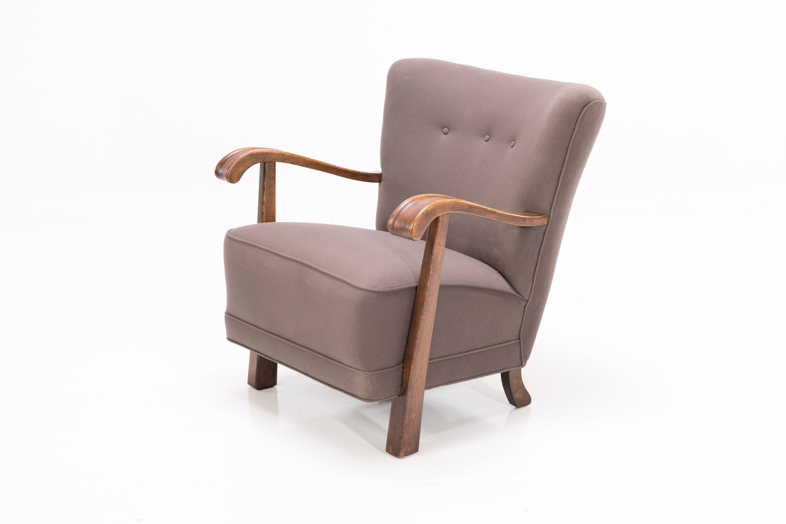 Danish, Lounge Chair: DANISH Lounge chair, 1940s Stained oak, Loro Piana upholstery. 31" H x 29.5" W x 30" D Seat height: 17" 