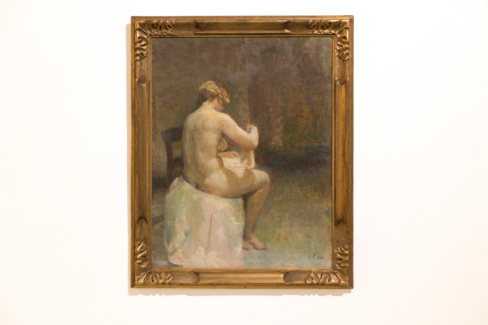Julius Paulsen, Untitled (Nude): JULIUS PAULSEN Untitled (Nude), 1920 Oil on canvas. Signed and dated "J. P. 1920". Frame: 38" H x 31" W Work: 32" H x 25" W