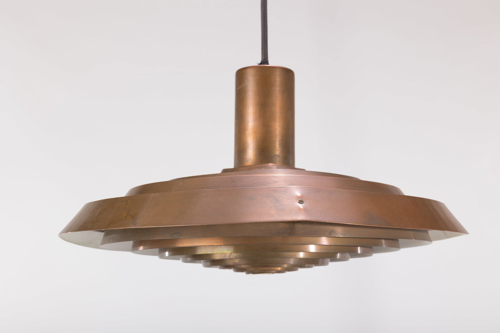 Poul Henningsen, Langelinie Pavillion Lamp: POUL HENNINGSEN Pendant lamp designed for the Langelinie Pavillion in Copenhagen, 1958 Copper. Produced by Louis Poulsen, Denmark 9" H x 16" Diameter