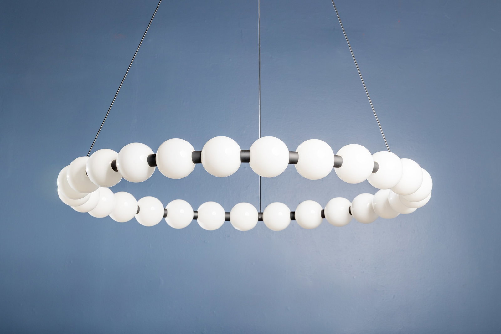 Sean Lavin, 'Orbet' Chandelier: SEAN LAVIN 'Orbet' chandelier, ca. 2025 Polished nickel, milk glass. Manufactured by Visual Comfort, USA. 36" H x 36" Diameter 