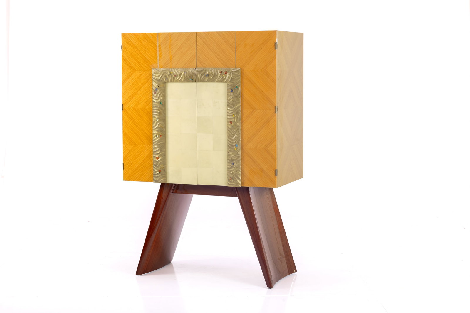Dakota Jackson, Dry Bar Cabinet: DAKOTA JACKSON Standing dry bar, 1990s Maple, mahogany, parchment, carved and painted wood. Produced by Dakota Jackson, USA. Interior door with producer's foil label. 63.25" H x