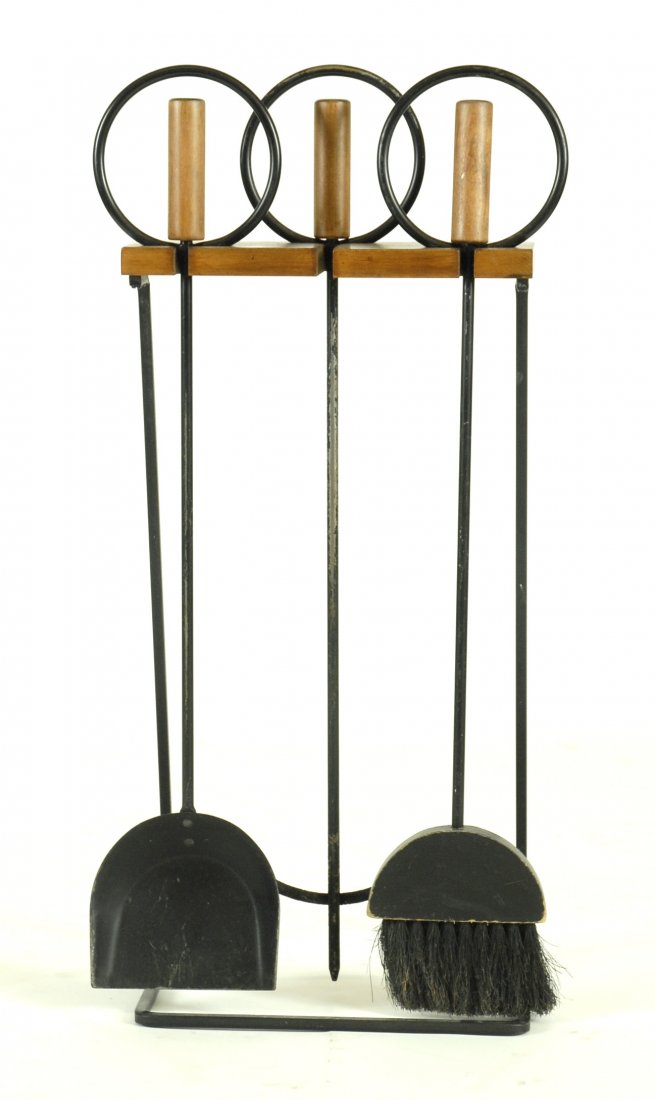 Iron and wood fire tools: Set of fire tools on stand, in iron and wood. Circa 1950s. 13" W x 30" T
