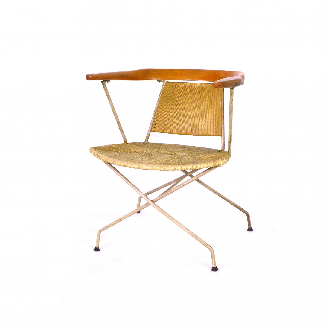 Arthur Umanoff arm chair: Iron frame arm chair with rope seat and sculpted wood back and arms designed by Arthur Umanoff for Raymor.