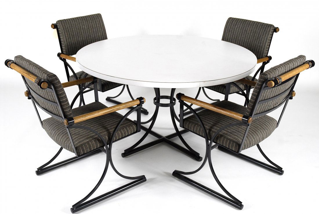 Cleo Baldon dining table with four chairs: Dining table with white laminate top and painted steel frame designed by Cleo Baldon for Terra. Chairs with painted steel frames and wood accents. 48" D