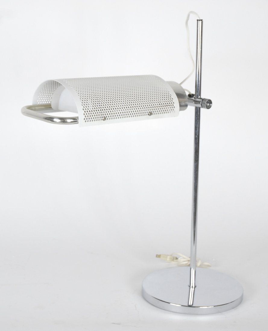 George Nelson "Eyeshade" desk lamp: Adjustable desk lamp designed by George Nelson for Koch & Lowey. Aluminum, chrome, and acrylic. 22" T
