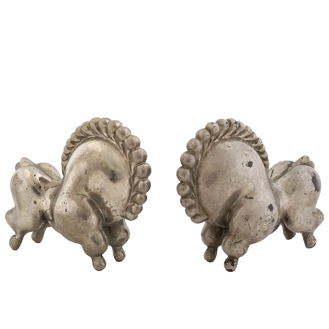 Russel Wright Lilliboo horse bookends (2): Pair of art deco Lilliboo circus animal horse bookends designed by Russel Wright, circa 1927. Nickel plated metal, each with "RW" stamp underneath. 6" W, 3" D, 5 1/12" H.