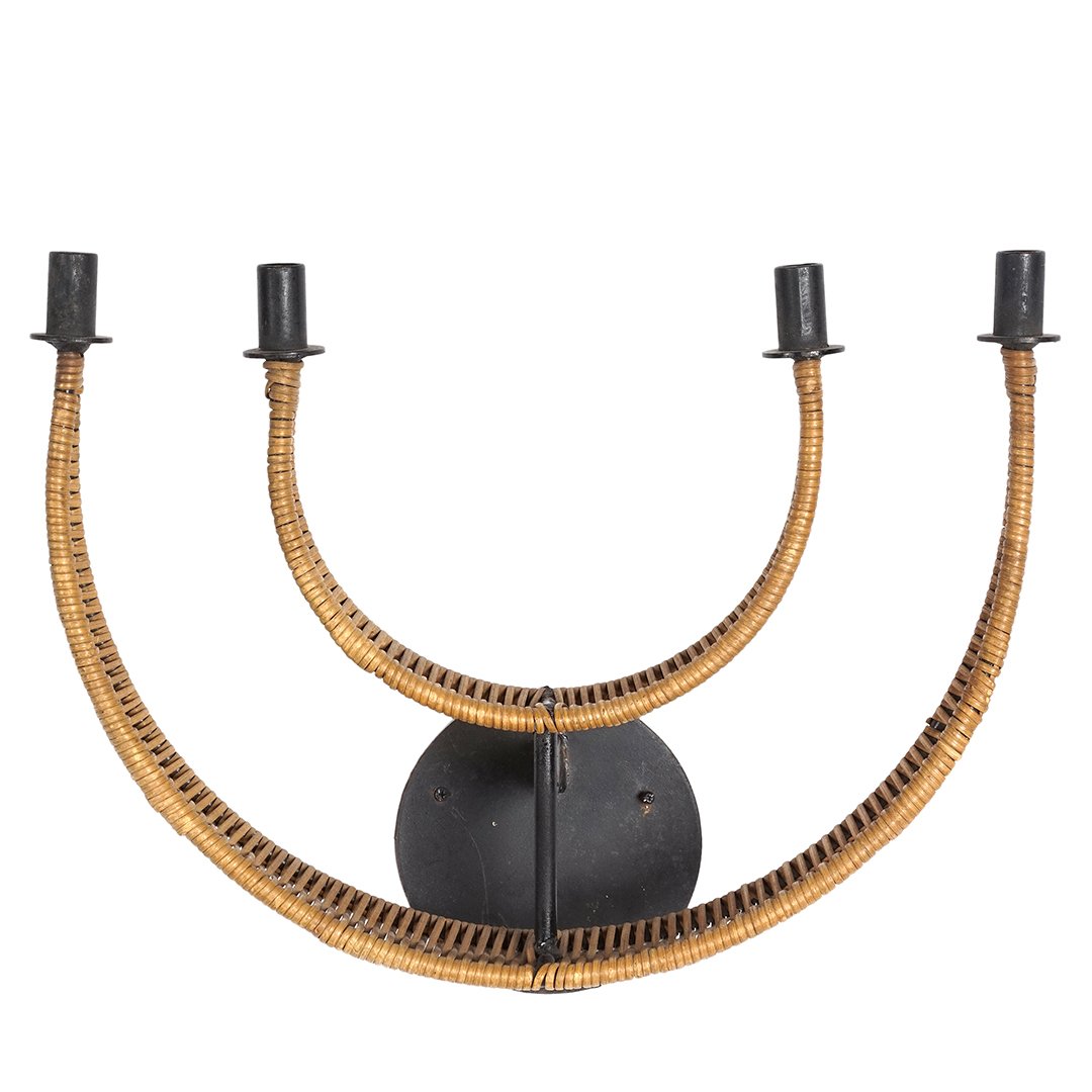 Arthur Umanoff candle sconce: Iron and rattan candle sconce designed by Arthur Umanoff for Raymor, circa 1950. 22"W, 7"D, 18"H.