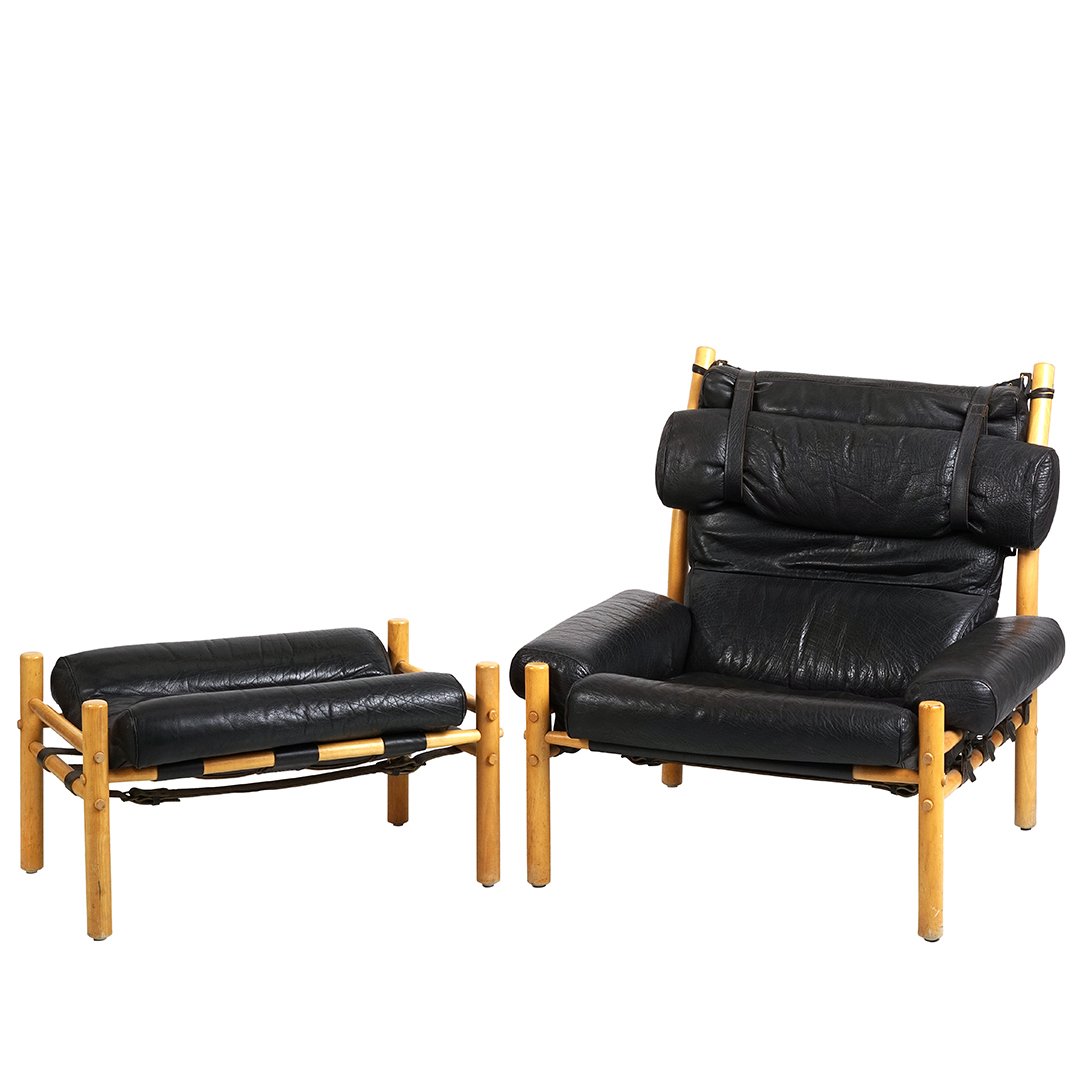 Arne Norell Inca chair and ottoman: Inca chair with birch frame and leather designed by Arne Norell, Sweden, circa 1960. 36" T x 36" W x 36" D.