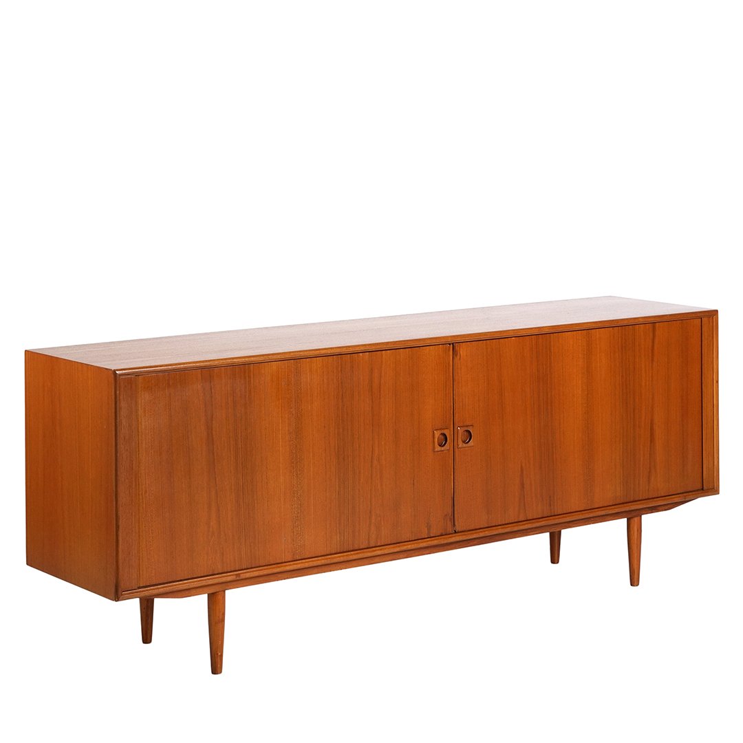 Danish teak credenza: Teak credenza with tambour doors, circa 1960. 78"L x 30"T x 18"D.