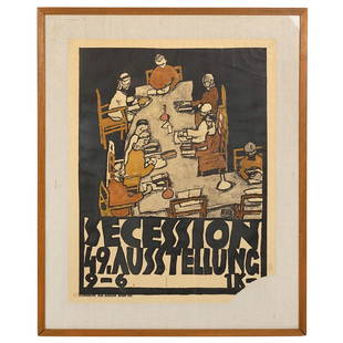 Egon Schiele Secession Poster: Secession 49., lithographed poster, by Egon Scheile for the 49th Exhibition of the Vienna Secession 1918. Framed. 26" x 19 3/4".