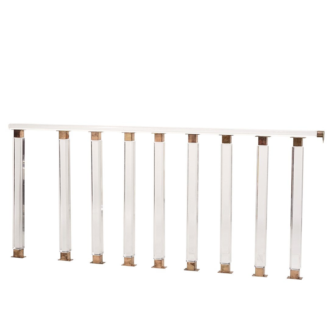 Charles Hollis Jones handrails and bannister: Custom acrylic and chrome handrail and bannister designed by Charles Hollis Jones for a Brentwood, CA home, circa 1960. Included is:9' 2" straight railing6' 8" straight railing3' 3" straight railing6'
