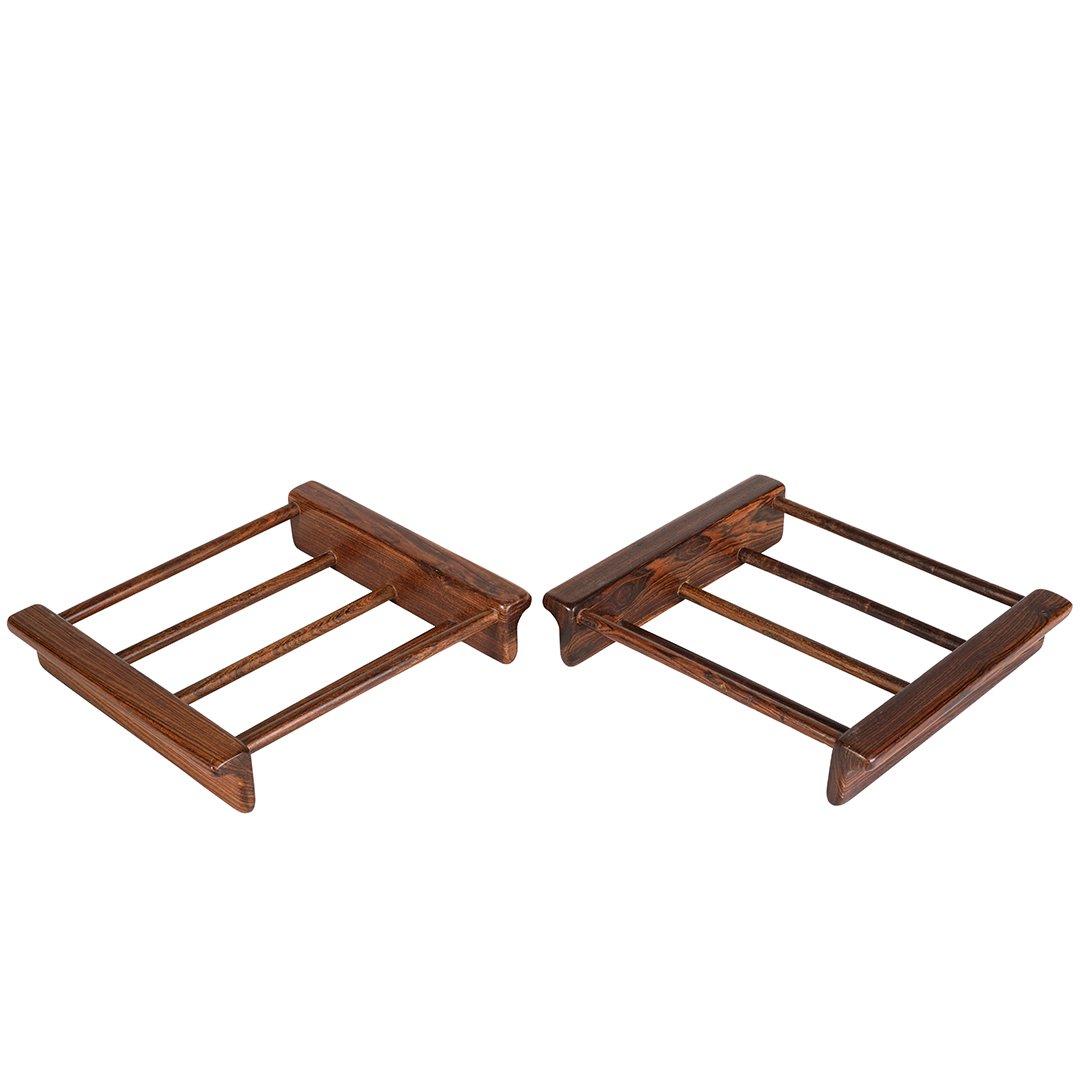 Don Shoemaker trivets (2): Pair of exotic wood trivets by Don Shoemaker, circa 1960. 12" x 10".