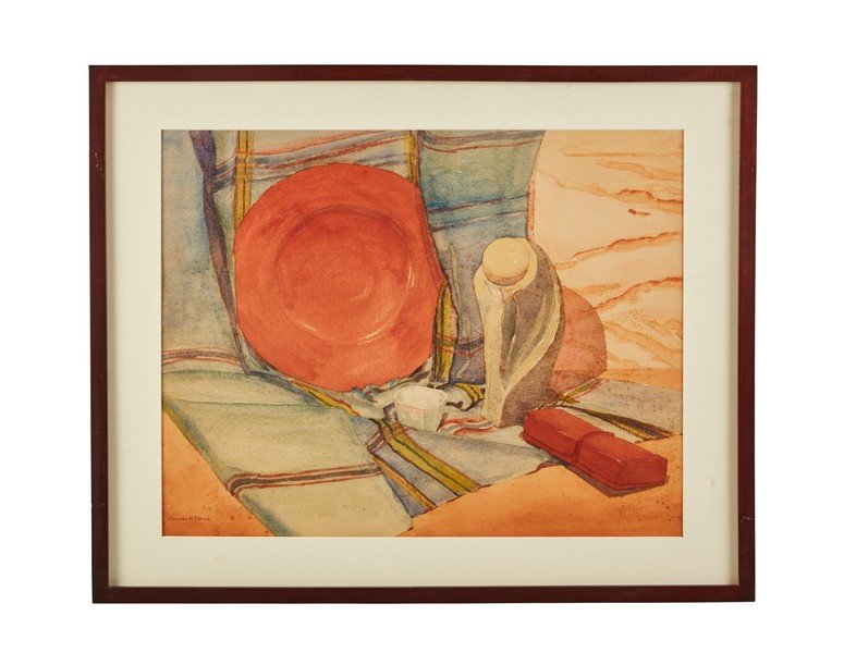 Clarence Nelson Aldrich still life: Still life watercolor that was featured in the Long Beach Art Association's Spring 1935 exhibition by Clarence Nelson Aldrich, 1935. 25" T x 31" W.