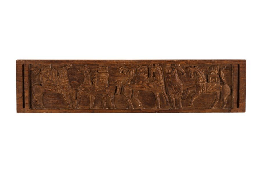 Jerome and Evelyn Ackerman wood carving: Wood carving by Jerome and Evelyn Ackerman, 1965. 38â€ W x 9â€ H x 2â€ D.
