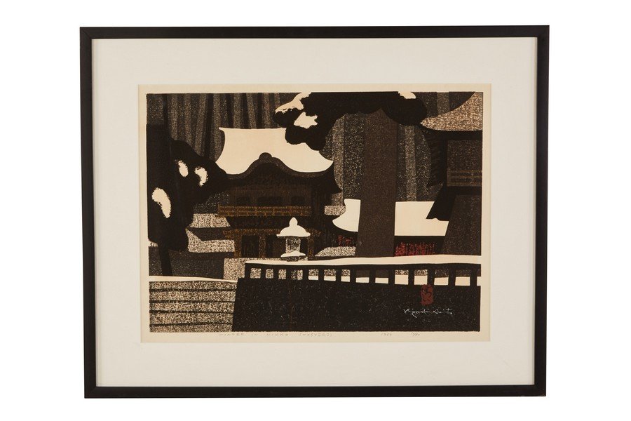 Kiyoshi Saito woodblock print: Japanese woodblock print titled Winter in Nikko by Kiyoshi Saito, 1969. Dated, signed in pencil and numbered 52/80. 29" W x 23.5" T.