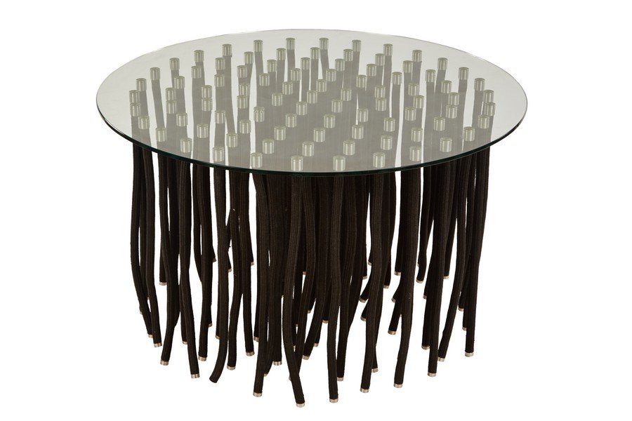 Fabio Novembre ORG table: Glass topped ORG table with bendable polypropylene black rope and rigid steel legged based by Fabio Novembre for Cappellini, 2001. 47" D x 28" H.