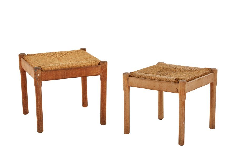 Vico Magistretti stools: Pair of stools in wooven rush on wooden frame by Vico Magistretti for Cassina, 1960s. 19.5â€ W x 19.5â€ D x 18.5â€ H.