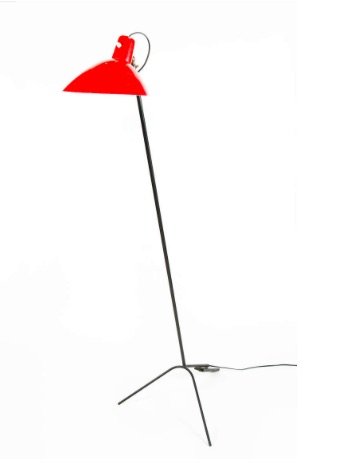 Vittoriano Vigano floor lamp: Floor lamp on tripod base with red enameled shade by Vittoriano Vigano for Arteluce, 1950s. 59" T.