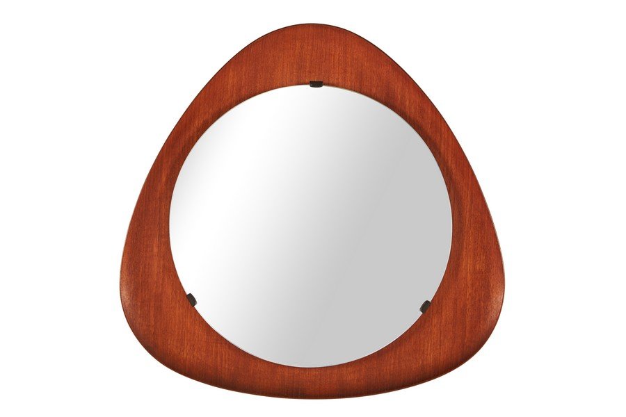 Franco Campo and Carlo Graffi mirror: Triangular teak mirror by Franco Campo and Carlo Graffi for Stilcasa, 1960s. 24" H x 23" W.