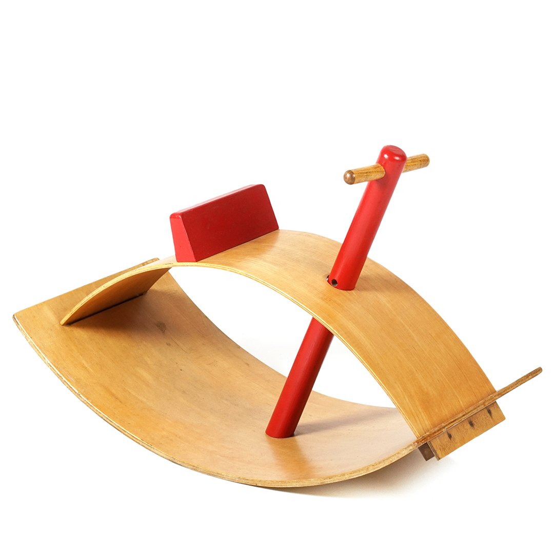 Creative Playthings children's rocking horse: Children's rocking horse in bent plywood by reative Playthings, 1950s.