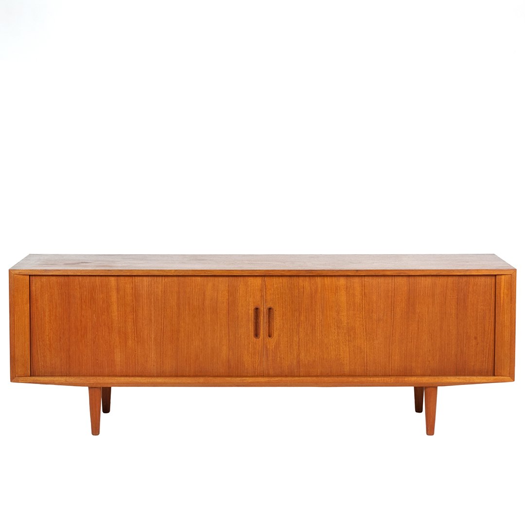 Danish teak tambour credenza: Danish teak tambour credenza , 1950s. 82" L x 20" D x 28" T.