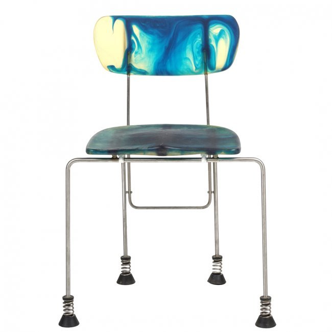 Gaetano Pesce Broadway chair: Broadway chair in polychromatic resin seating on a chrome plated tubular steel frame Gaetano Pesce for Bernini, 1992. 20" W x 16" D x 29" H.