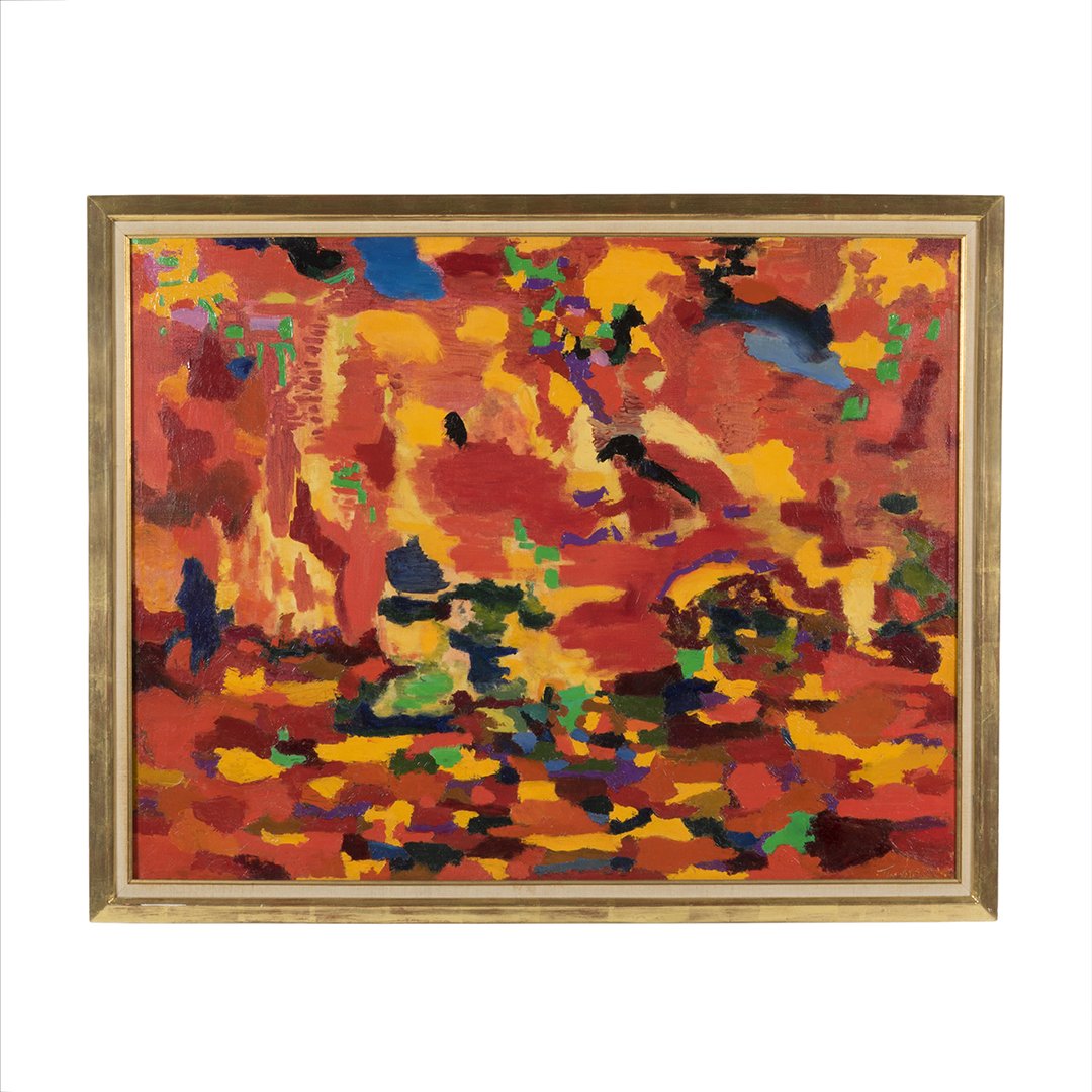Hansen abstract painting: Painting signed Hansen, Mexico 1957. Gallery label intact. 31" H x 39" W.