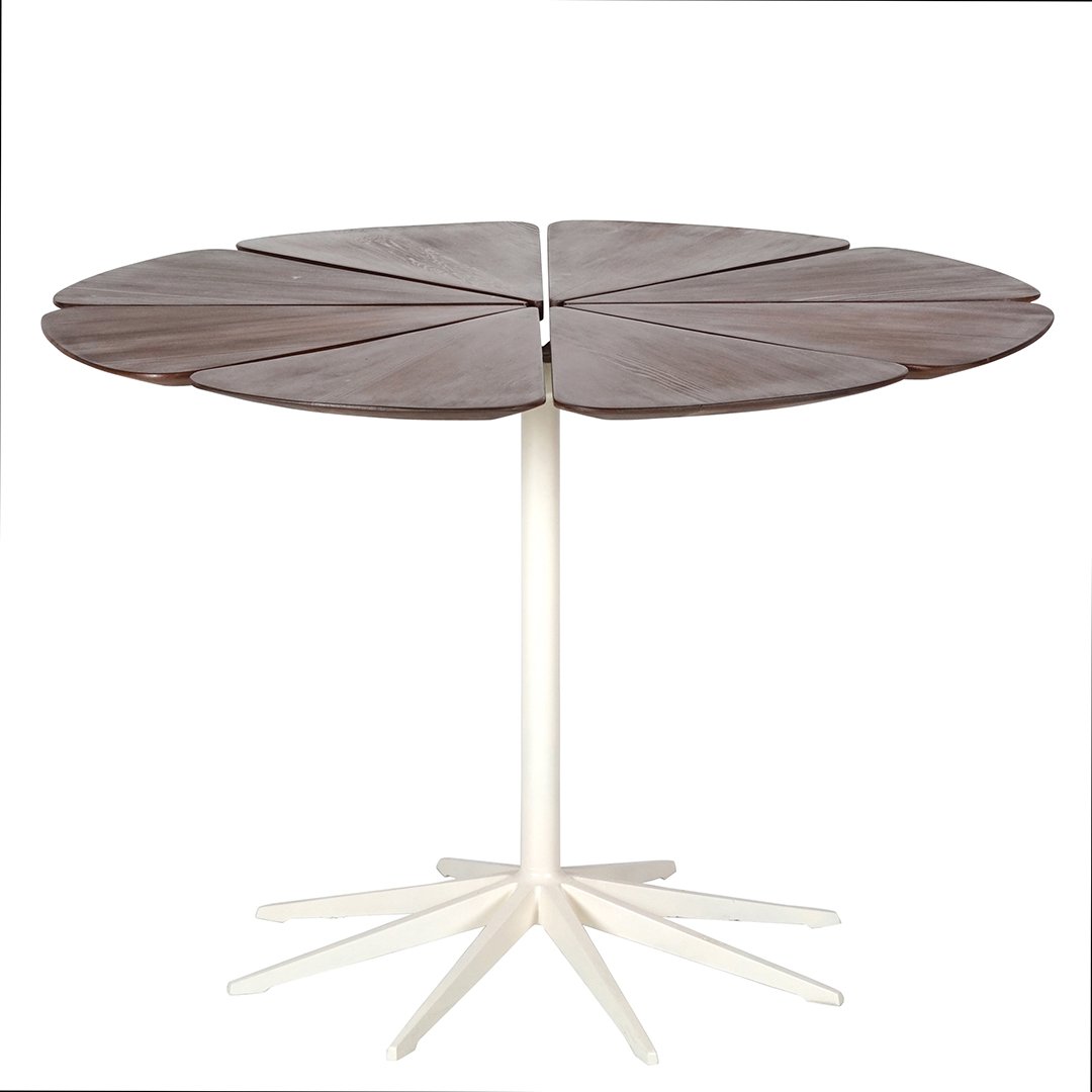 Richard Schultz Petal dining table: Petal dining table in redwood on painted iron base by Richard Schultz for Knoll, 1960s. 28" H x 42" D.